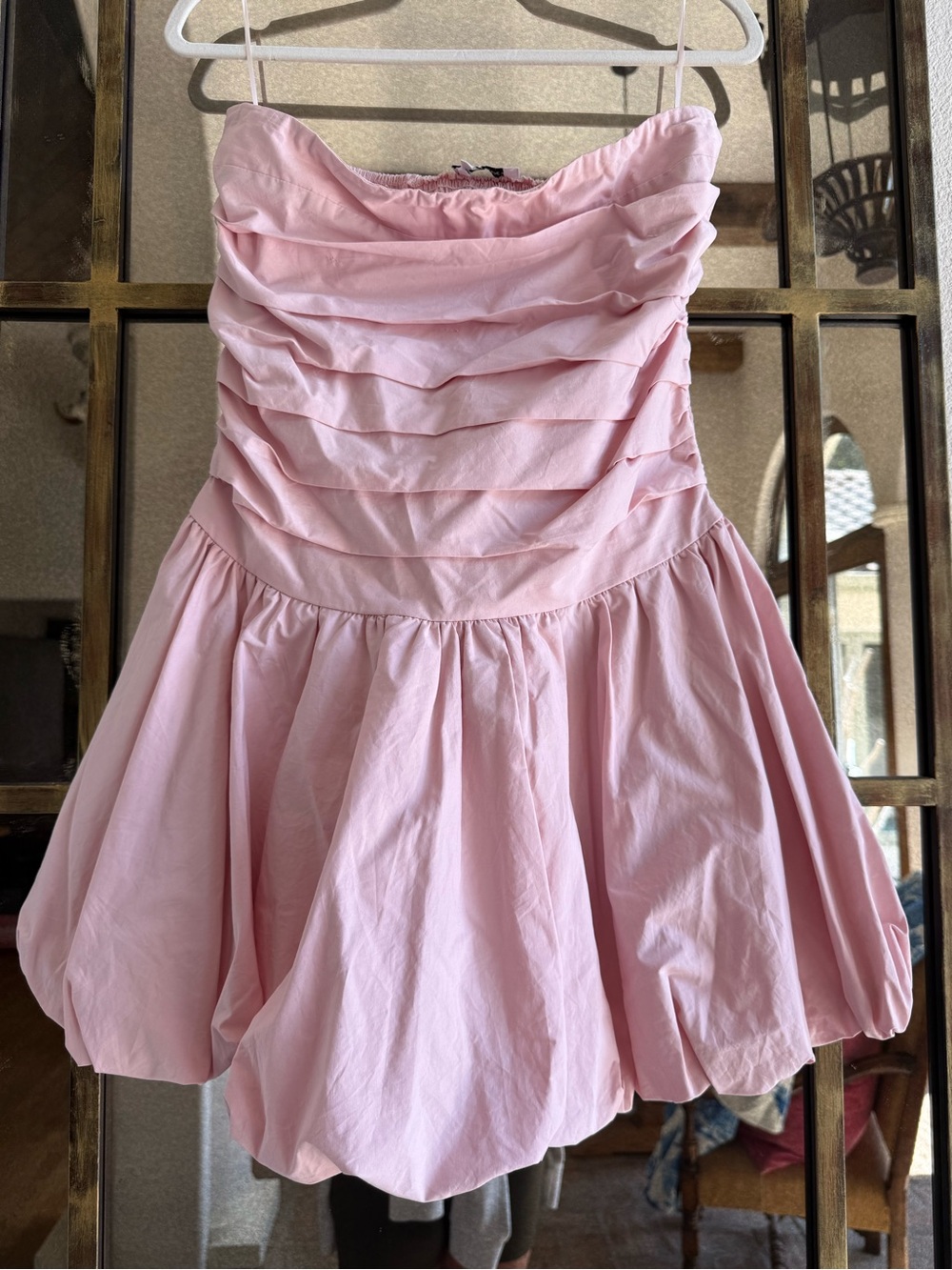 Strapless Pink Ruched Bodice Bubble Hem Dress